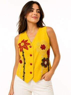 Cento x Cento Yellow Linen Blend Vest w Floral Embroidery | Italy 38 XS/S